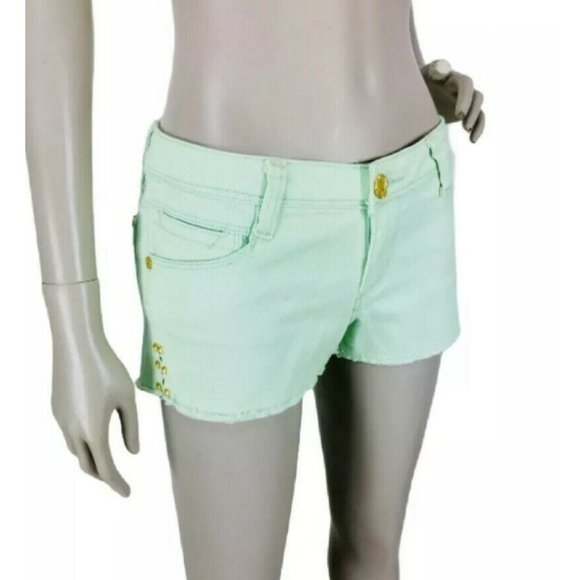 Vintage 90's Y2K Pastel Green Denim Frayed Edge Gold Studded Short Shorts - Picture 3 of 7